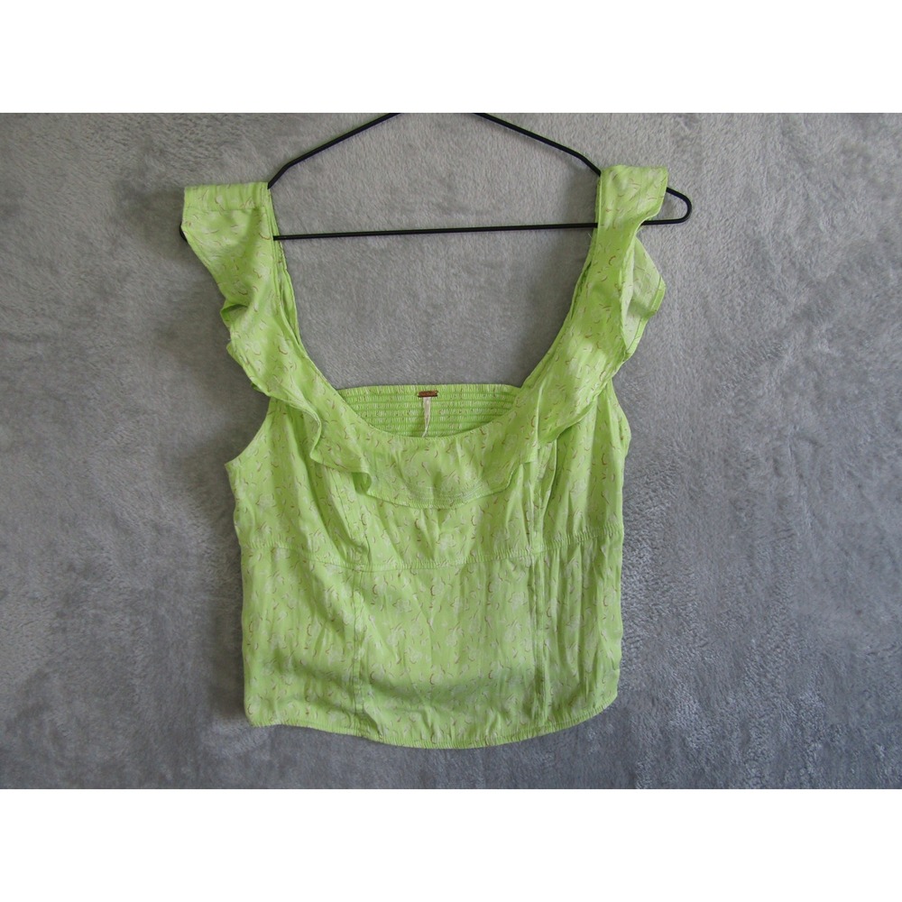 Free People Green Floral Smocked Ruffle Square Neck Crop Top SP Boho